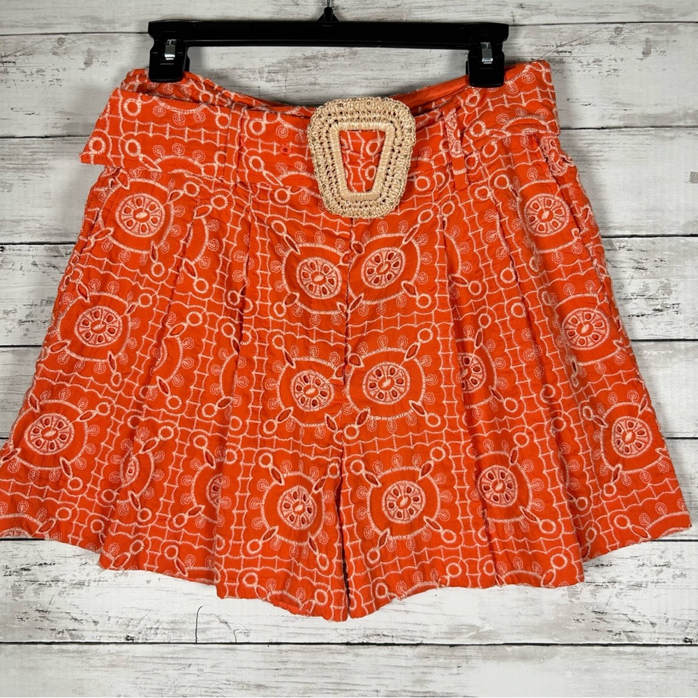 Sam Edelman Romy Highrise Pleated Eyelet Orange Cotton Shorts 6